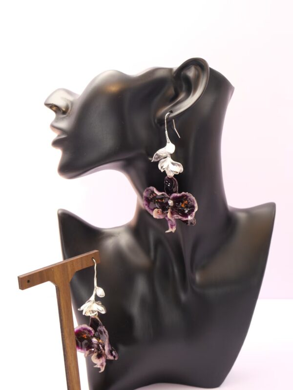 Handmade 925 Sterling Silver Earrings with Real Pressed Purple Orchid Flowers