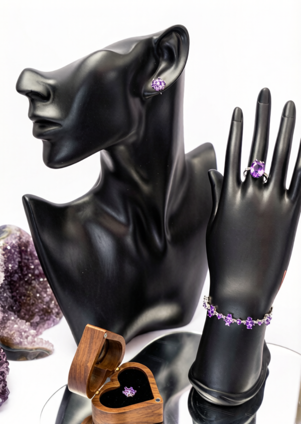 紫色水晶手链戒指耳钉套装