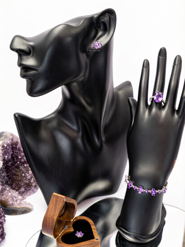 紫色水晶手链戒指耳钉套装