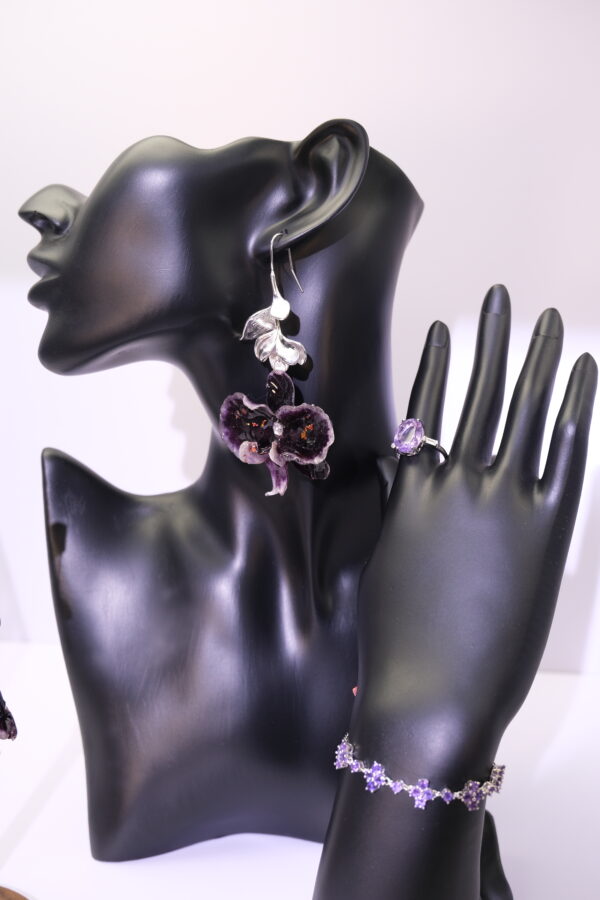 紫色真花耳环戒指手链三件套装