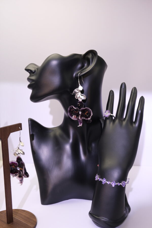 紫色真花耳环戒指手链三件套装