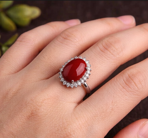 Customized Red coral ring 925 silver