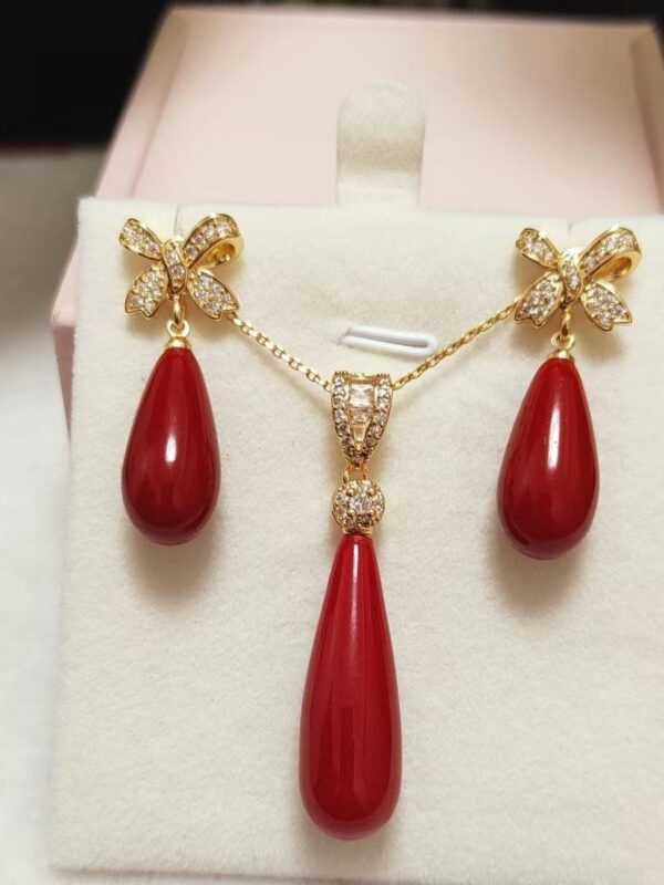 Customized Red coral earring & pedant 925 silver set