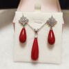 Customized Red coral earring & pedant 925 silver set