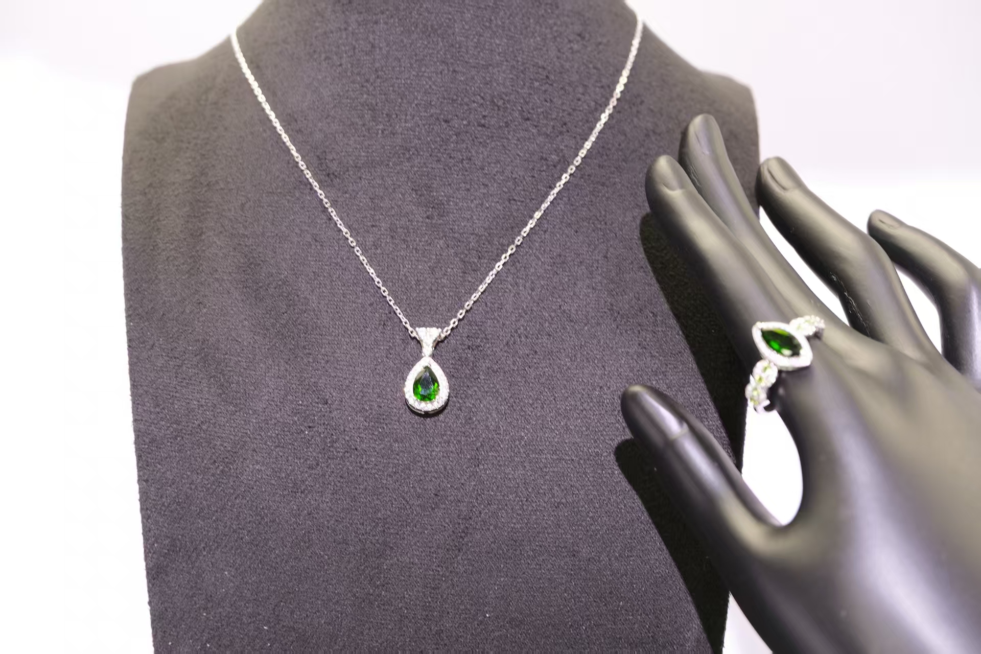 925 Silver Green Diopside Teardrop Necklace with Halo