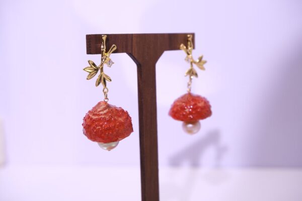 Handmade 925 Sterling Silver Lychee-Inspired Dangle Earrings with Gold-Tone Leaves & Pearl Accent