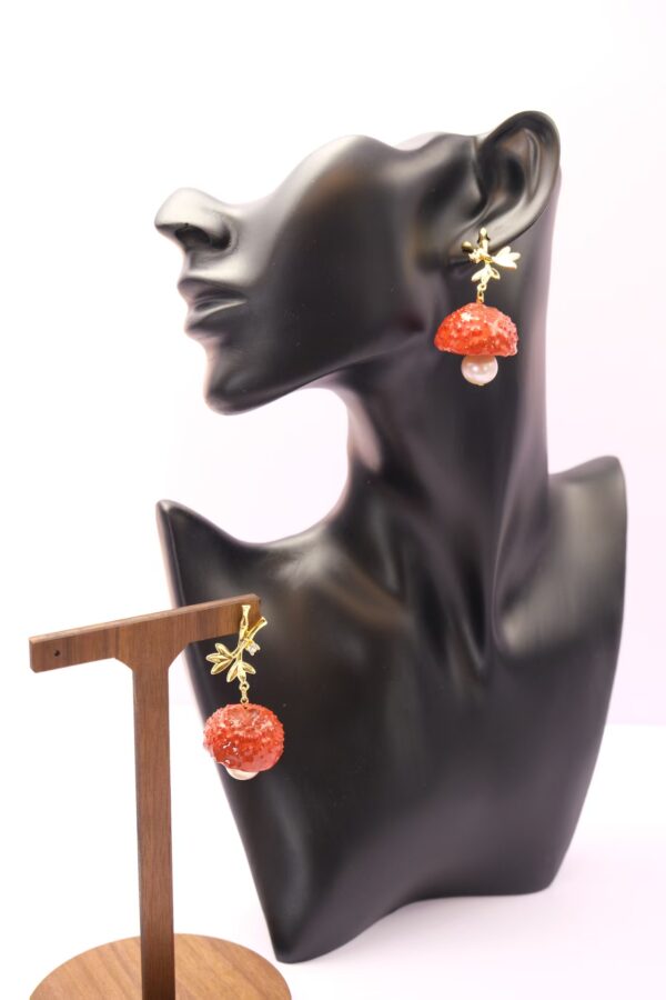 Handmade 925 Sterling Silver Lychee-Inspired Dangle Earrings with Gold-Tone Leaves & Pearl Accent