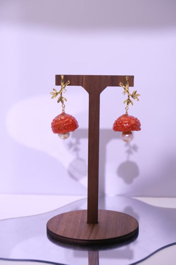 Handmade 925 Sterling Silver Lychee-Inspired Dangle Earrings with Gold-Tone Leaves & Pearl Accent