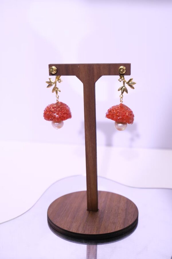 Handmade 925 Sterling Silver Lychee-Inspired Dangle Earrings with Gold-Tone Leaves & Pearl Accent