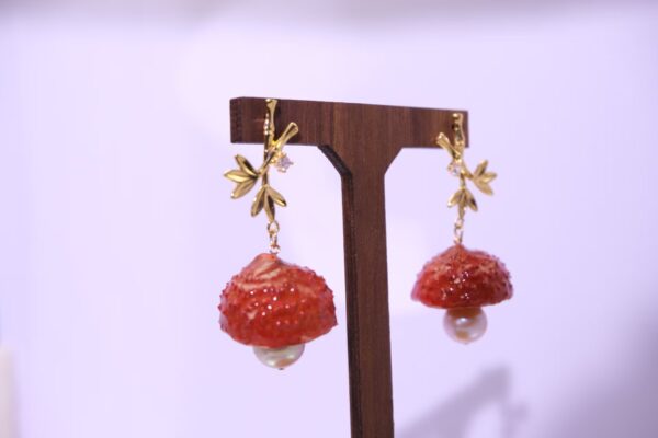 Handmade 925 Sterling Silver Lychee-Inspired Dangle Earrings with Gold-Tone Leaves & Pearl Accent