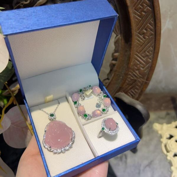 Natural Pink Guatemala Jade Happy Buddha Pendant, Bracelet & Ring Set​