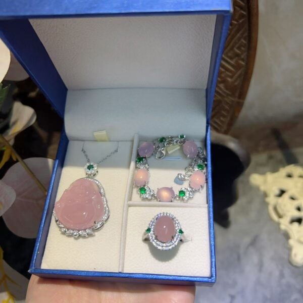Natural Pink Guatemala Jade Happy Buddha Pendant, Bracelet & Ring Set​