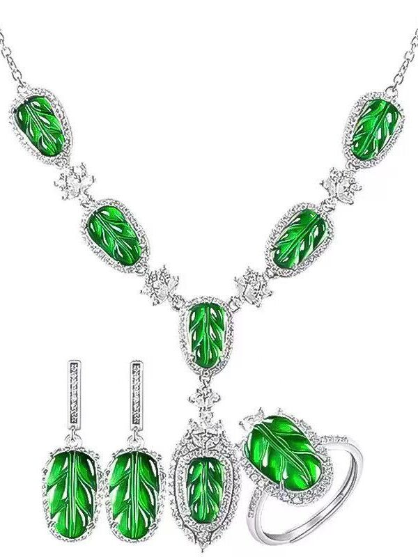 Natural Jade Leaf Jewelry Set 4pcs (Necklace, Earrings, Ring，bracelet) with 925 Sterling Silver & CMA Certificate