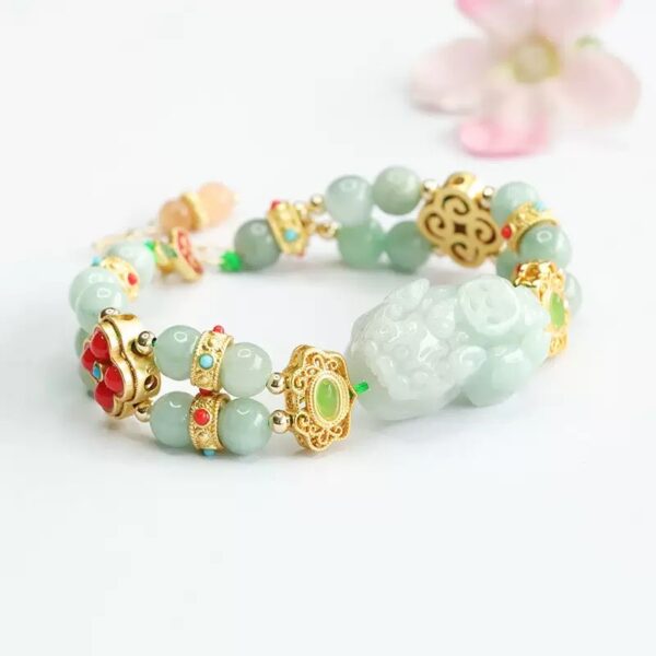 Handmade Burmese A-Jadeite Pixiu Wealth Bracelet with  Goldden Vermeil & Cloisonné